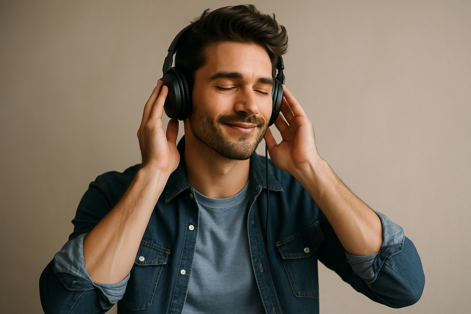 Een aantrekkelijke man die met een koptelefoon naar muziek luistert